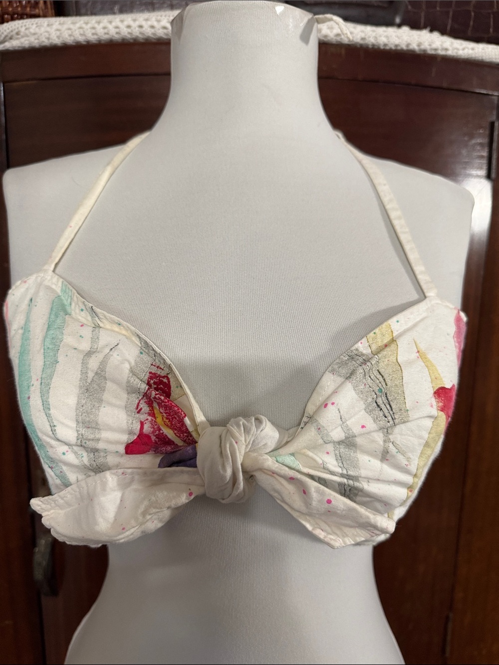 Vintage Floral Tie-Front Cotton Halter Bralette